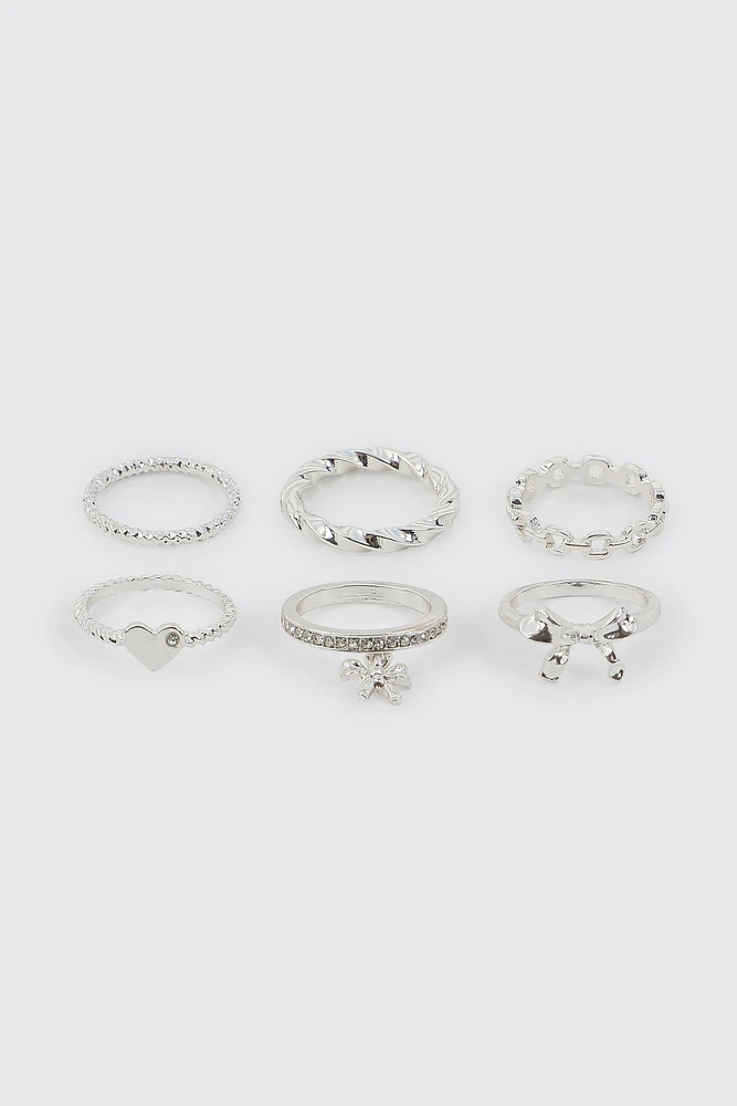 Ardene 6-Pack Bow & Heart Rings in Silver | Size