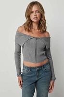 Ardene Crop Off Shoulder Zip-Up Sweater in | Size | Polyester/Nylon/Viscose