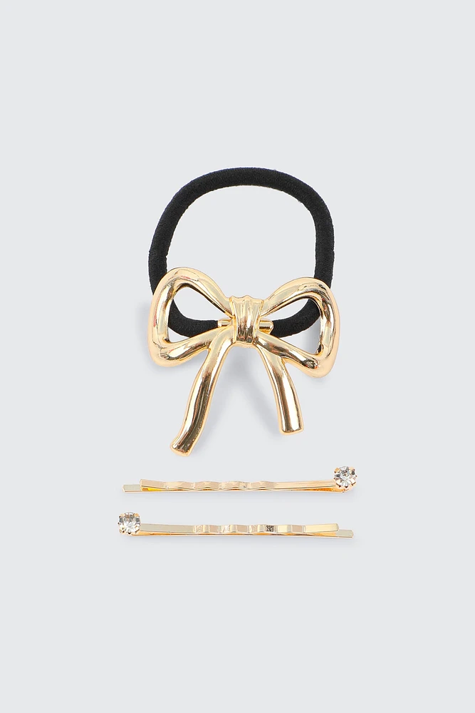 Ardene Bow Hair Tie & Pin Set in Gold