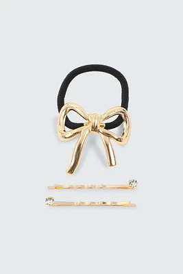 Ardene Bow Hair Tie & Pin Set in Gold