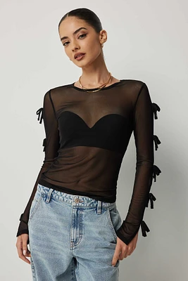 Ardene Bow Sleeve Mesh Top in Black | Size | Polyester/Spandex