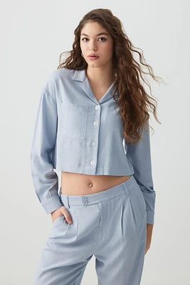 Ardene Crop Linen Blend Shirt in Light Blue | Size | Viscose