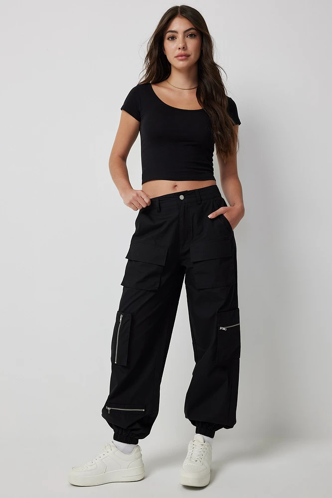 Ardene Cargo Pants with Zip Pockets in Black | Size | 100% Cotton