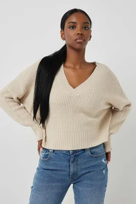 Ardene Crop V-Neck Sweater in Beige | Size | Polyester