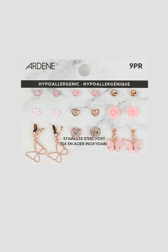 Ardene 9-Pack Butterfly & Flower Earrings in Medium Pink | Stainless Steel