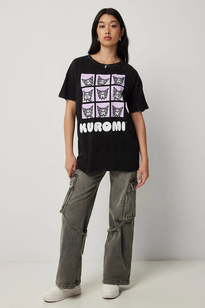 Ardene Acid Washed Kuromi T-Shirt in Black | Size | 100% Cotton