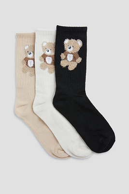 Ardene 3-Pack Fuzzy Bear Crew Socks in Beige | Polyester/Spandex