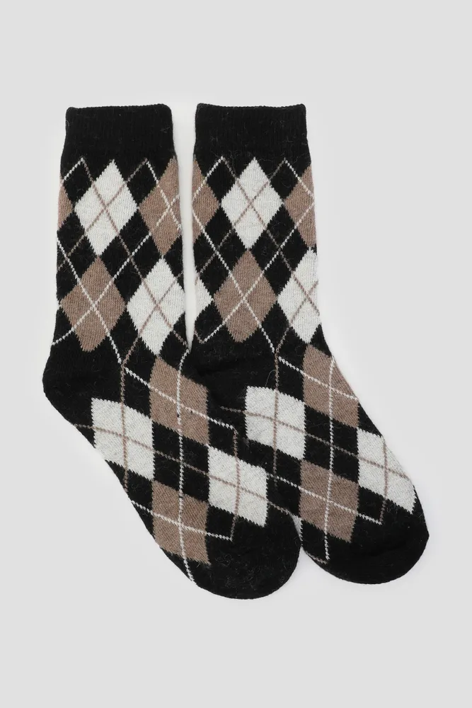 Ardene Terry Lined Argyle Boot Socks in Black, Polyester/Spandex