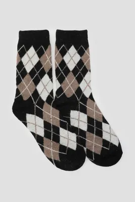 Ardene Terry Lined Argyle Boot Socks in Black | Polyester/Spandex