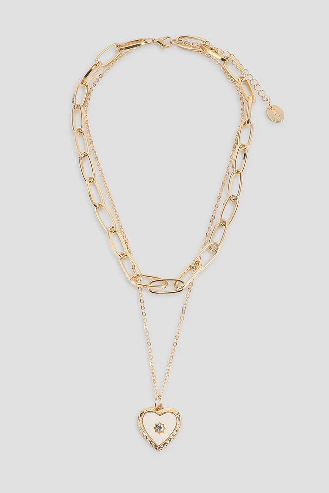 Ardene Two-Row Chain Necklace with Heart Pendant in Gold