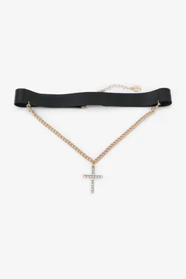 Ardene Faux Leather Choker with Cross Pendant in Gold