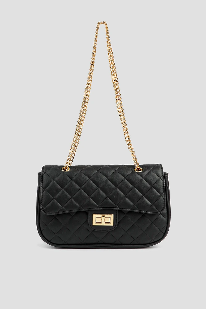 Ardene Chain Strap Quilted Bag in Black | Faux Leather/Polyester