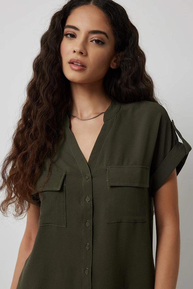 Ardene Tunic Shirt with Mao Collar in Dark Green | Size | Polyester/Elastane