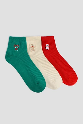 Ardene 3-Pack Crew Socks with Festive Embroideries in Green | Polyester/Spandex