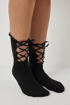 Ardene Lace Up Knee High Socks in Black | Polyester/Spandex