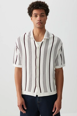 Ardene Man Striped Knitted Short Sleeve Shirt For Men in White | Size | Cotton