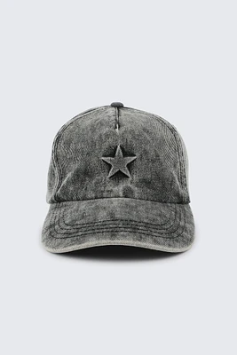 Ardene Washed Denim Cap with Star Detail in Dark Grey | 100% Cotton