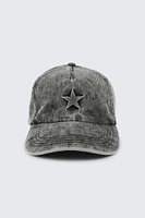 Ardene Washed Denim Cap with Star Detail in Dark Grey | 100% Cotton