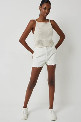 Ardene Mom Denim Shorts with Embroideries in White | Size | 100% Cotton
