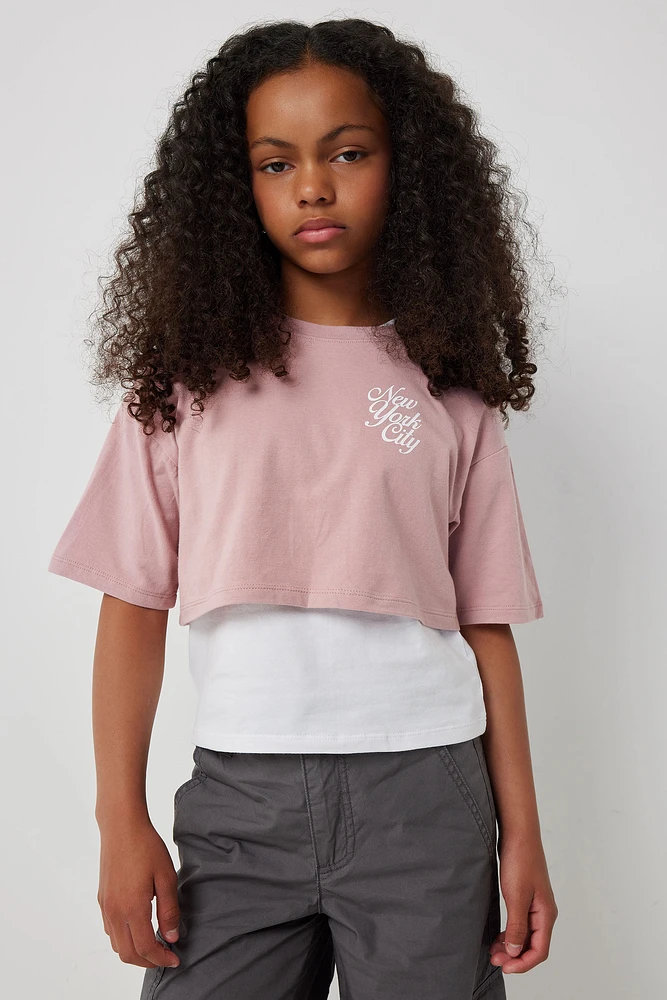 Ardene Kids Layered Graphic Box T-Shirt in Light Pink | Size | Cotton/Elastane