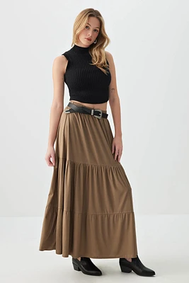 Ardene Tiered Maxi Skirt in Brown | Size | Polyester/Elastane