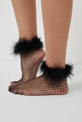 Ardene Fishnet Socks with Faux Fur Trim in Black | Spandex/Polyamide