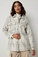 Ardene Plaid Sherpa Lined Shacket in Light Grey | Size | Polyester