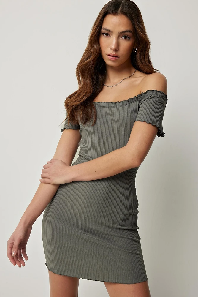 Ardene Off Shoulder Ribbed Bodycon Dress in Khaki | Size | Spandex/Cotton