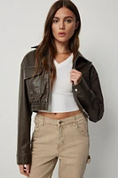 Ardene Crop Washed Faux Leather Jacket in Brown | Size | Faux Leather/Polyester