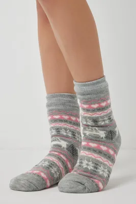 Ardene Reindeer Fair Isle Slipper Socks in Grey | Polyester/Spandex
