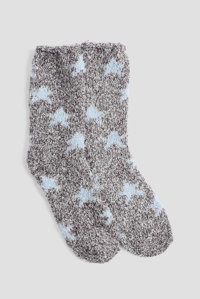 Ardene Star Print Cozy Socks in Black | Polyester/Spandex