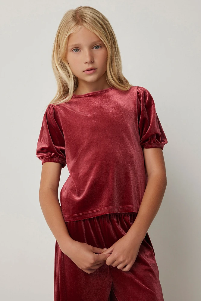 Ardene Kids Velvet Bubble Sleeve Top in Burgundy | Size | Polyester/Elastane