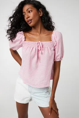 Ardene Gingham Peasant Blouse in Pink | Size | Polyester