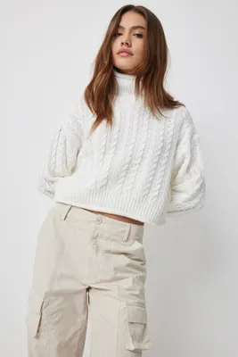 Ardene Mock Neck Cable Sweater in White | Size Large | 100% Acrylic