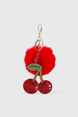 Ardene Rhinestone Cherry & Pompom Keychain in Red