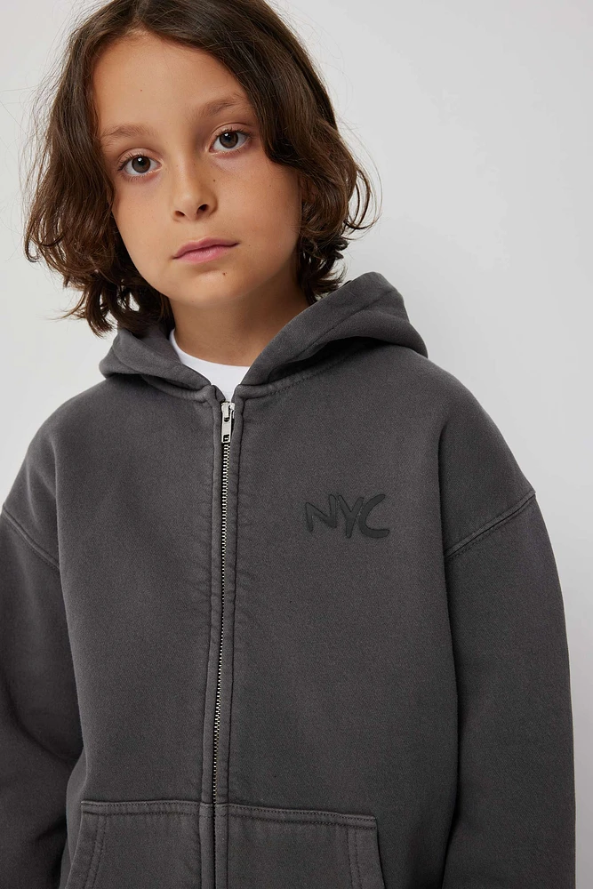 Ardene Kids Washed NYC Zip-Up Hoodie in Dark Grey | Size | Polyester/Cotton | Fleece-Lined