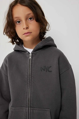Ardene Washed NYC Zip-Up Hoodie in Dark Grey | Size | Polyester/Cotton | Fleece-Lined