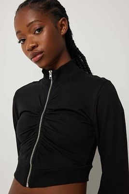 Ardene Ruched Mock Neck Zip Up Sweater in Black | Size | 100% Cotton