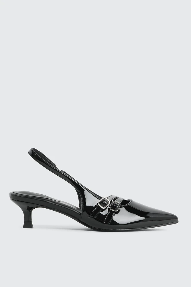 Ardene Patent Double Buckle Slingback Pumps in Black | Size | Faux Leather | Eco-Conscious