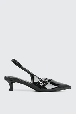 Ardene Patent Double Buckle Slingback Pumps in Black | Size | Faux Leather | Eco-Conscious