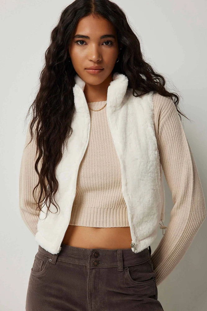 Ardene Faux Fur Mock Neck Vest in White | Size | Polyester