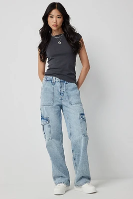 Ardene High Rise 90's Cargo Jeans in Light Blue | Size | 100% Cotton