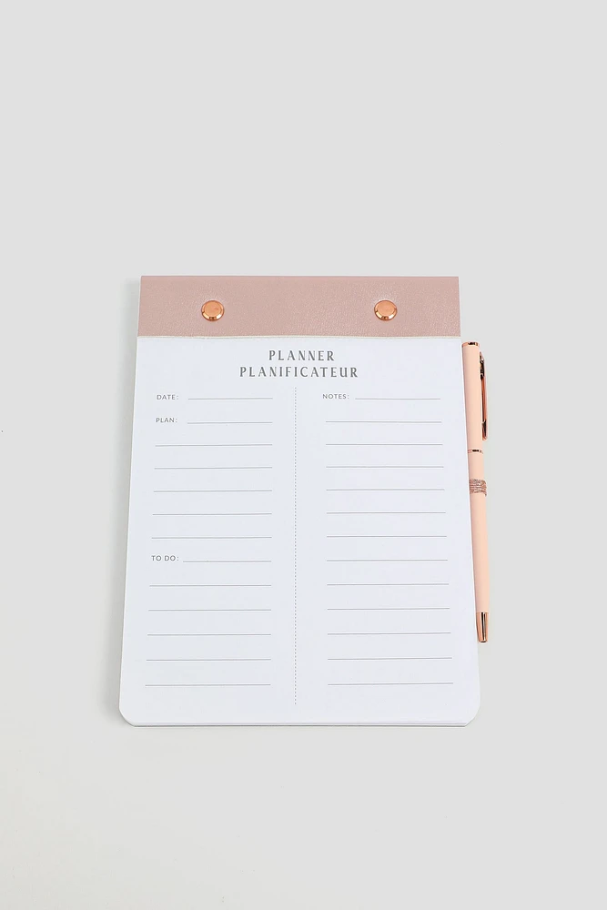 Ardene Daily Planner Memo Pad & Pen in Light Pink