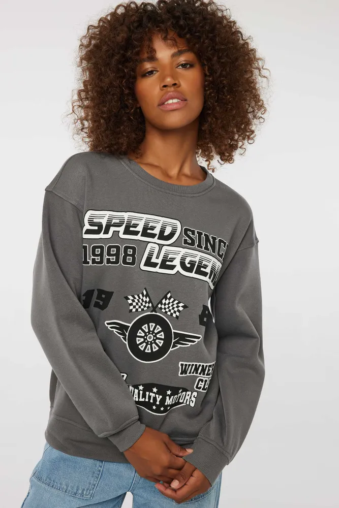 Ardene Solid Crew Neck Sweatshirt in Light Grey, Size, Polyester/Cotton, Fleece-Lined, Eco-Conscious