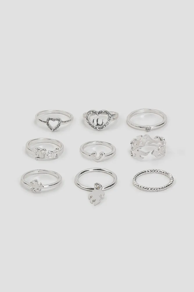 Ardene 9-Pack Heart & Flame Rings in Silver | Size