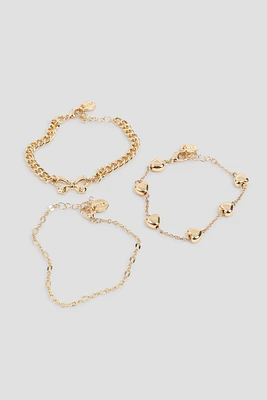 Ardene 3-Pack Bow & Heart Chain Bracelets in Gold