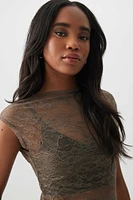 Ardene Crop Lace Short Sleeve Top in Brown | Size | Nylon/Elastane