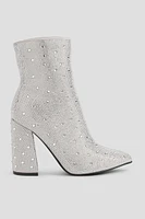 Ardene Rhinestone Block Heel Booties in Silver | Size | Faux Suede