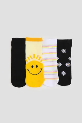 Ardene 4-Pack of Sun & Floral Ankle Socks in Yellow | Polyester/Spandex