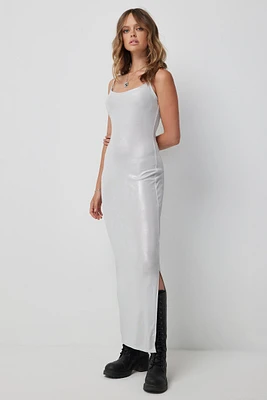 Ardene Metallic Maxi Dress with Slit in Silver | Size | Polyester/Spandex